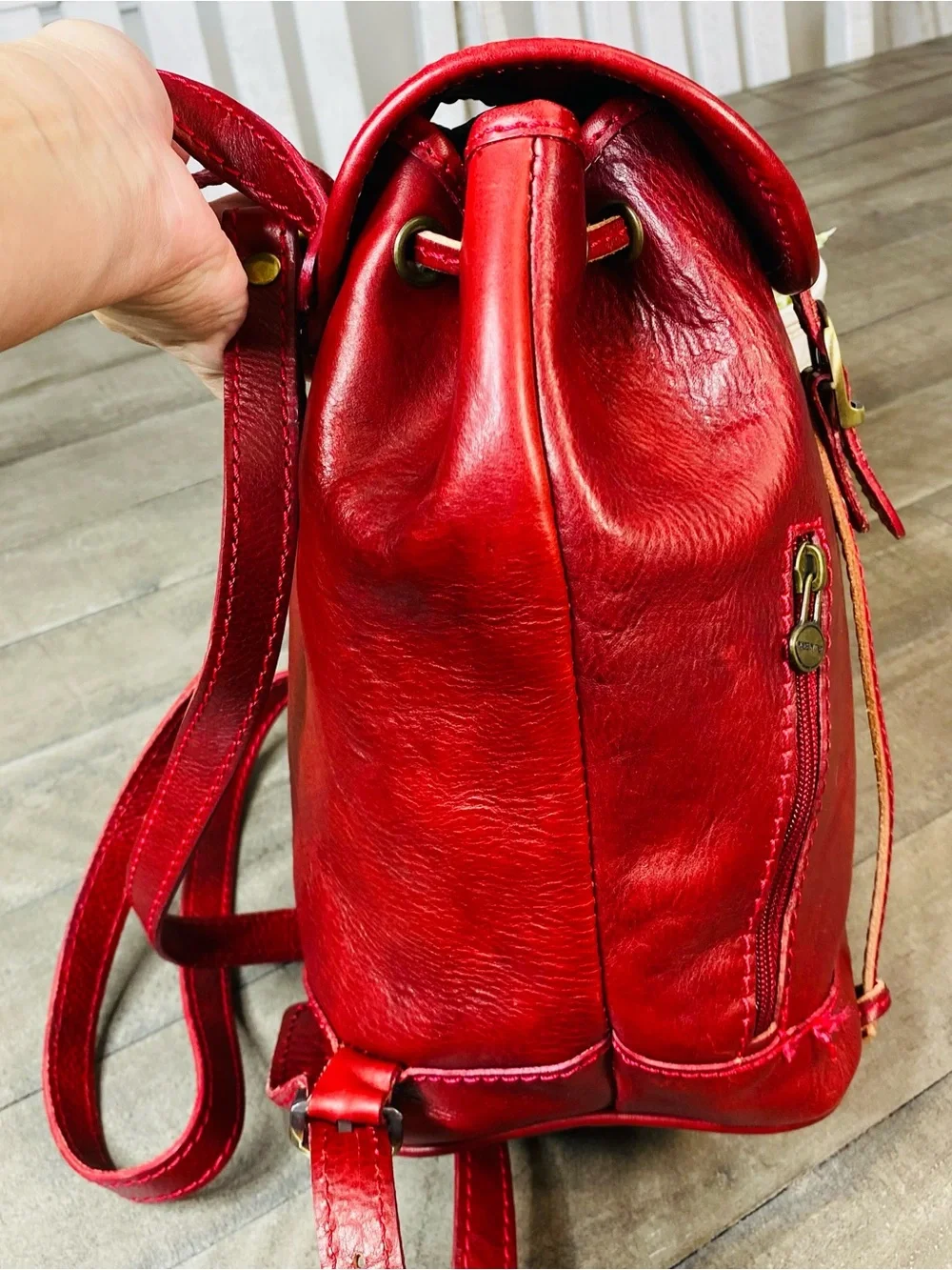 Vera Pelle Italian Red Leather Mini Backpack Vintage Drawstring Flap Bag Italy